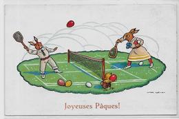 CPA Tennis Lapin Bunny Rabbit Position Humaine Type Boulanger écrite - Tennis