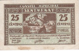 BILLETE DE 25 CTS DEL CONSELL MUNICIPAL DE SENTMENAT (SELLO AZUL) DEL AÑO 1937 (BANKNOTE) - Andere & Zonder Classificatie