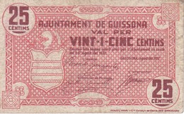 BILLETE DE 25 CTS DEL AJUNTAMENT DE GUISSONA DEL AÑO 1937 (BANKNOTE) - Andere & Zonder Classificatie