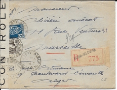 ALGERIE - 1945 - ENVELOPPE RECOMMANDEE De ALGER BELCOURT Par AVION CENSUREE => MARSEILLE - Cartas & Documentos