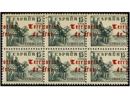 ** COLONIAS ESPAÑOLAS: IFNI. Ed.42 (6). 15 Cts. Verde. Bloque De Seis SOBRECARGA DESPLAZADA A... - Altri & Non Classificati