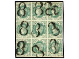 ° ESPAÑA. Ed.62 (9). 2 Reales Verde. Bloque De Nueve, Mat. Numeral 8 En Negro.... - Altri & Non Classificati