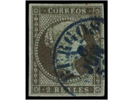 ° ESPAÑA. Ed.42. 2 Reales Lila, Mat. Fechador BURGOS/* En AZUL. RARÍSIMO. LUJO.... - Altri & Non Classificati