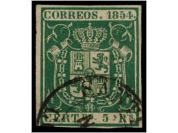 ° ESPAÑA. Ed.26. 5 Reales Verde, Mat. Fechador SANTIAGO/CORUÑA En Negro. MUY RARO.... - Other & Unclassified