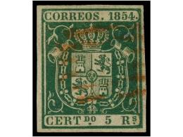 ° ESPAÑA. Ed.26. 5 Reales Verde, Mat. PARRILLA ROJA. PIEZA DE LUJO. Cert. COMEX. Cat.... - Otros & Sin Clasificación