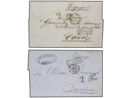 ESPAÑA: PREFILATELIA. 1857. Dos Cartas De FRANCIA A BARCELONA Y CÁDIZ. Marcas FRANCIA En AZUL... - Andere & Zonder Classificatie