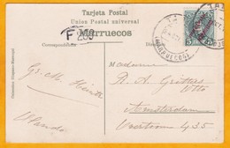 1903 - CP De Tanger, Maroc Espagnol Vers Amsterdam, Pays Bas - Afft YT N° 3 Alphonse 13 5 C Surchargé - Maroc Espagnol