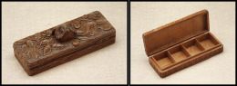 Boîte En Bois Avec Tête De "Grand Duc" En Relief Sur Couvercle, 4 Comp., 120x46x20mm. - TB - Stamp Boxes