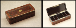 Boîte En Palissandre, Marqueterie, Cerclage Et Monogramme Sur Couvercle, 5 Comp., 145x60x45mm. - TB - Stamp Boxes