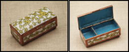 Boîte En émail, Cerclage Cuivre Avec "Fleurs Jaunes" En Décor, 2 Comp., 80x36x26mm. - TB - Stamp Boxes