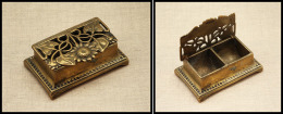 Boîte En Bronze Doré, Couvercle Ajouré Motifs Fleurs, 2 Comp., 86x55x32mm. - TB - Contenitore Per Francobolli