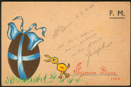Illustration à La Main. "Joyeuses Pâques". Rare CP FM De La Caserne De St Denis 2.4.42, Illustrée, A - Non Classificati