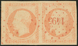 No 16d, Orange Sur Paille, Paire, Un Voisin, Obl Pc 1495 Rouge, Jolie Pièce. - TB - 1853-1860 Napoléon III