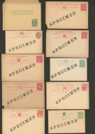Colonies Anglaises 1890-1899, Entiers Postaux, 1 Enveloppe Et 8 CP (2 Ex Pd), Surchargés "SPECIMEN", Affts Et Pay - Verzamelingen (in Albums)