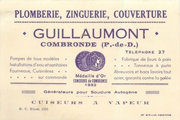 COMBRONDE - PLOMBERIE, ZINGUERIE, COUVERTURE "GUILLAUMONT"- CARTE COMMERCIALE ANCIENNE (8 X 12 CM). - Combronde