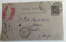 CARTE Avec Timbre Pré Imprimé Type Sage De PERPIGNAN Pour PEYRAT Avec CACHET BICART De Mai 1888 - Precursor Cards