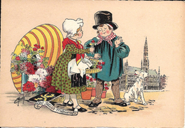 BRUXELLES (1000) : La Marchande De Fleurs, Son Amoureux Et Son Chien Devant L'Hôtel De Ville (dessin De E. Naudy). CPSM. - Ambachten