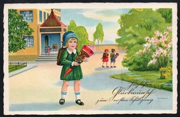 A3734 - Alte Litho Glückwunschkarte - Schulanfang Mädchen Mit Zuckertüte Und Ranzen - TOP - Premier Jour D'école