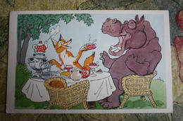 Old USSR Postcard "Tea Party" By Bazhenov - Hippo - 1969 Fox - Hippopotamuses