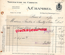 75- PARIS -FACTURE A. CHAMBEL- MANUFACTURE DE CORSETS- CORSET-  91 BD. SEBASTOPOL- 1921 LINGERIE - 1800 – 1899