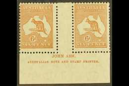 1931 6d Chestnut, Wmk Mult CofA, SG 132, Superb Bottom Marginal Gutter Imprint Pair Showing John Ash Australian... - Other & Unclassified