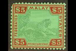 FMS 1934 $5 Green And Red On Green Tiger, SG 81, Lightly Hinged Mint, Rounded Upper Left Corner Perf For More... - Other & Unclassified