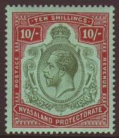 1913-21 10s Green And Deep Scarlet On Green SG 96e, Superb Never Hinged Mint. For More Images, Please Visit... - Nyasaland (1907-1953)