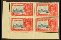 1935 3c Deep Blue And Scarlet Silver Jubilee, Bottom Corner Block Of 4, One Showing The Variety "Extra Flagstaff",... - Trinidad & Tobago (...-1961)