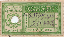 INDIA NABHA Princely State 4-ANNAS Court Fee STAMP 1939 Good/USED - Nabha