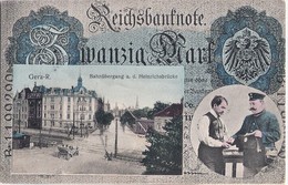 GERA Reuß Passepartout Geldscheinkarte Postbote Geld Briefträger Wappen Bahn Übergang Heinrichsbrücke Gelaufen 4.11.1909 - Gera