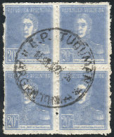 GJ.602a, 1924 20c. San Martín, Block Of 4 With COMPLETE DOUBLE IMPRESSION Variety, Used In Tucumán,... - Sonstige & Ohne Zuordnung