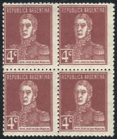 GJ.598a, 1924 4c. San Martín, Block Of 4 With DOUBLE IMPRESSION Variety, Excellent Quality (the Top Stamps... - Sonstige & Ohne Zuordnung