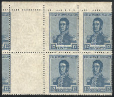 GJ.506CZ, 1920 12c. San Martín With Multiple Suns Wmk, Block Of 4 + WHITE LABELS AT LEFT + Part Of... - Autres & Non Classés