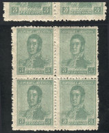 GJ.503a, 1920 3c. San Martín, Fiscal Sun Wmk, Block Of 4 With DOUBLE IMPRESSION, At Top Faint But Very... - Sonstige & Ohne Zuordnung