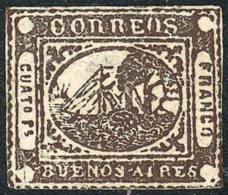 GJ.9, 4 Rs. Dark Chestnut, Fantastic Color And Very Nice Example, With Minor Defects But Well Repaired (tiny Tear... - Buenos Aires (1858-1864)