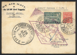 24/MAY/1930 BAHIA - HAVANA (Cuba) By ZEPPELIN: Postcard With Special Postage (Sc.4CL8 With Minor Defect + Another... - Sonstige & Ohne Zuordnung