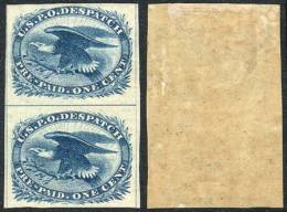 Sc.LO2, 1851 Eagle 1c. Blue, Beautiful Vertical Pair, The Lower Stamp MNH, Very Fine Quality, Catalog Value... - Other & Unclassified