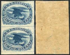 Sc.LO2, 1851 Eagle 1c. Blue, Beautiful Vertical Pair, The Lower Stamp MNH, Very Fine Quality, Catalog Value... - Autres & Non Classés