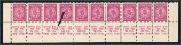 Yvert 3, 1948 10m. Rose-lilac, Strip Of 10 With Tabs (lower Part Of The Sheet), The 3rd Stamp With Variety: In The... - Autres & Non Classés