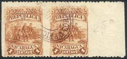 Sc.40, 1892 1c. Colombus, Pair IMPERFORATE VERTICALLY, Excellent And Rare! - Nicaragua