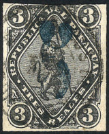Sc.6, 1878 5c. On 3R. Black, Blue Overprint, Minor Defect, Very Good Appeal, Very Rare! - Paraguay