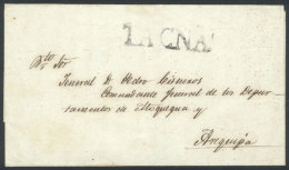 Circa 1825, Undated Folded Cover Sent To Arequipa, Large-size "TACNA" Mark (42 X 10.5 Mm) In Black, Excellent... - Peru