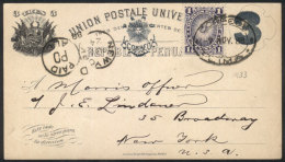 3c. Postal Card + 1c. Stamp, Sent From Lima To New York On 7/NO/1888, Light Vertical Crease Of Little Importance,... - Pérou