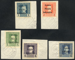 5 Fragments With Austrian Stamps With Local Overprint Of Jedrzejow, VF Quality, Rare! - Autres & Non Classés