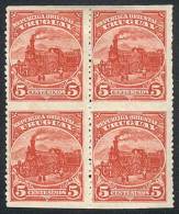 Sc.112, 1895 5c. Engine, Block Of 4 IMPERFORATE HORIZONTALLY, VF Quality, Rare! - Uruguay