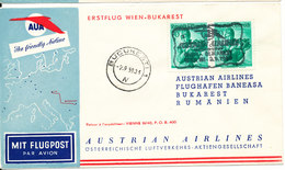 Austria First AUA Flight Cover Wien - Bucarest 2-9-1959 - Premiers Vols