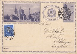 HONGRIE CARDPOST. 26 11 1933.  ENTIRE TEMPLE PAROISSE DE LA CITE. BUDAPEST TO VOLKLINGEN SAARGEBIET GERMANY - Cartas & Documentos