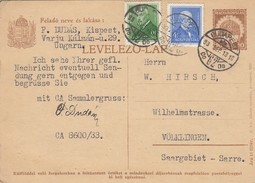 HONGRIE CARDPOST.  18 9 1933.  ENTIRE . BUDAPEST TO VOLKLINGEN SAARGEBIET GERMANY - Lettres & Documents