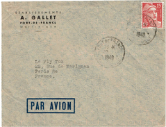 LCTN47/3 - MARTINIQUE GANDON 15f SUR LETTRE  FORT DE FRANCE / PARIS 22/??/1949 - Covers & Documents