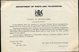 SOUTH AFRICA CAPE TOWN POST OFFICE NOTICE TO BOX HOLDERS 1912 - Service